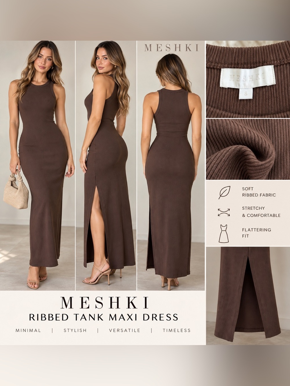 MESHKI Brown Ribbed Bodycon Tank Maxi Dress Side Slit Stretch Size S